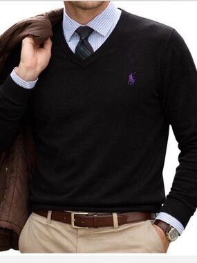 NWOT Polo by Ralph Lauren Black V-Neck Sweater with Purple Pony size XXL